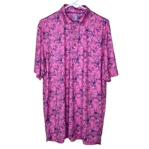 Johnnie-O Polo Shirt Mens Blue Pink Parrots Featherweight Performance Golf LARGE